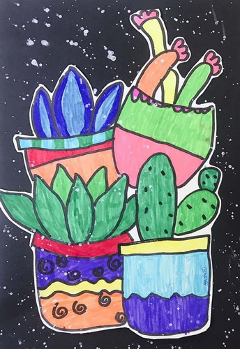 仙人掌花盆幼儿园绘画