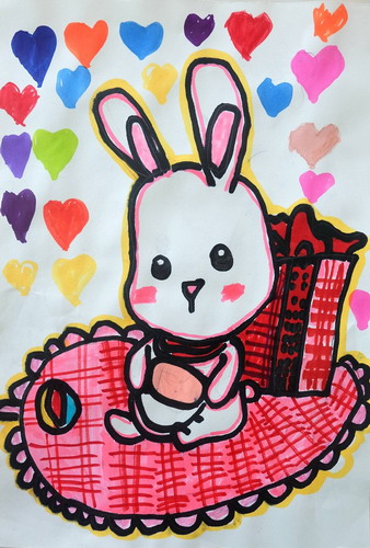 小兔子的爱心礼物创意画一等奖