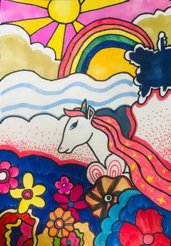 花海中的独角兽手绘画
