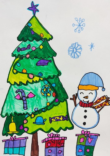 雪人和美丽的圣诞树画画简单