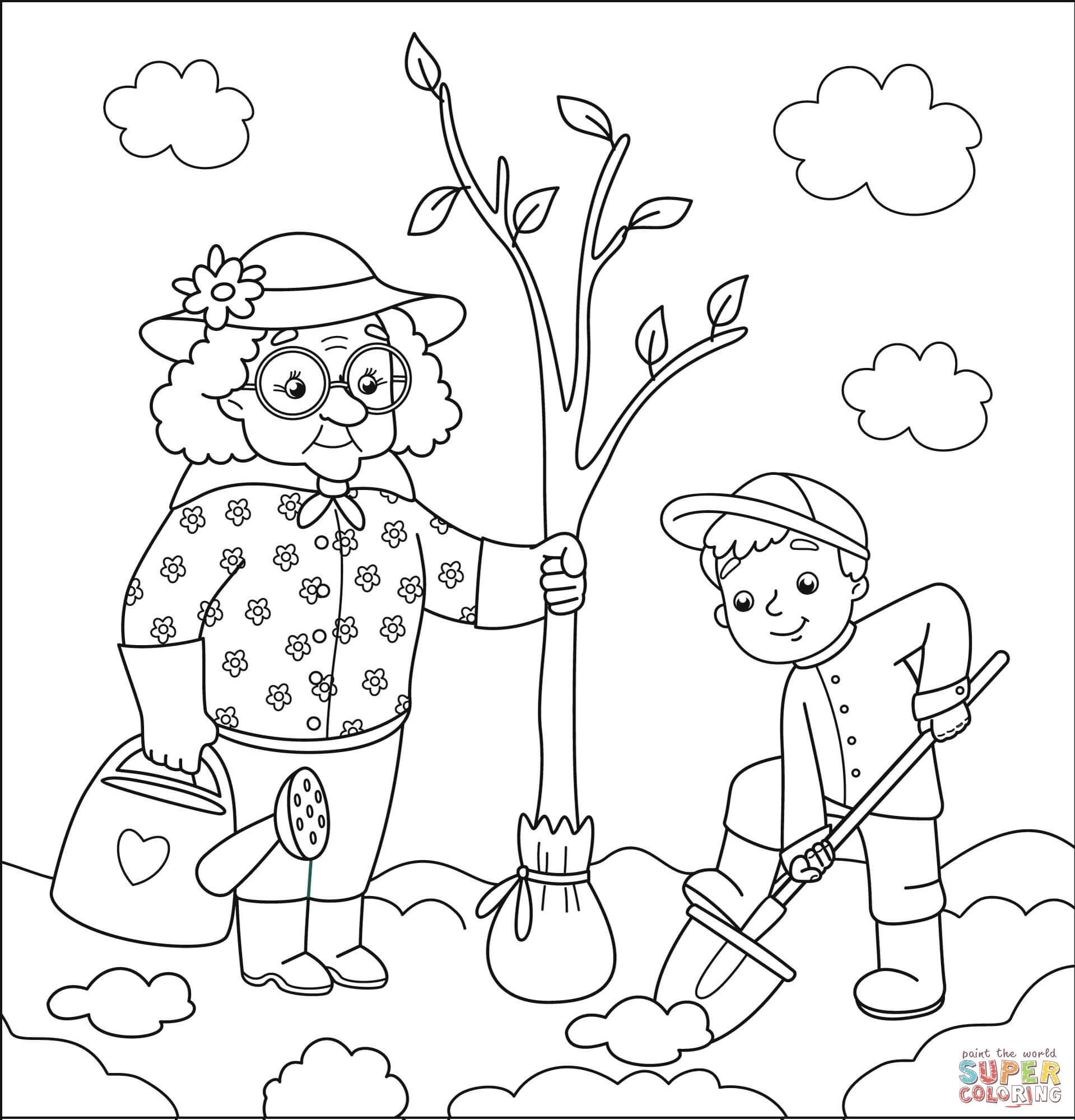 奶奶和孙子在植树简笔画图片