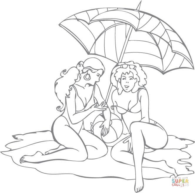 两个女人在沙滩上打着伞简笔画图片