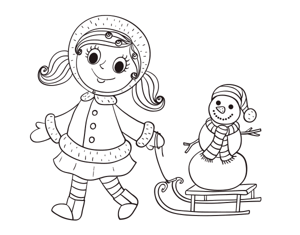 雪橇和雪人的小女孩简笔画图片